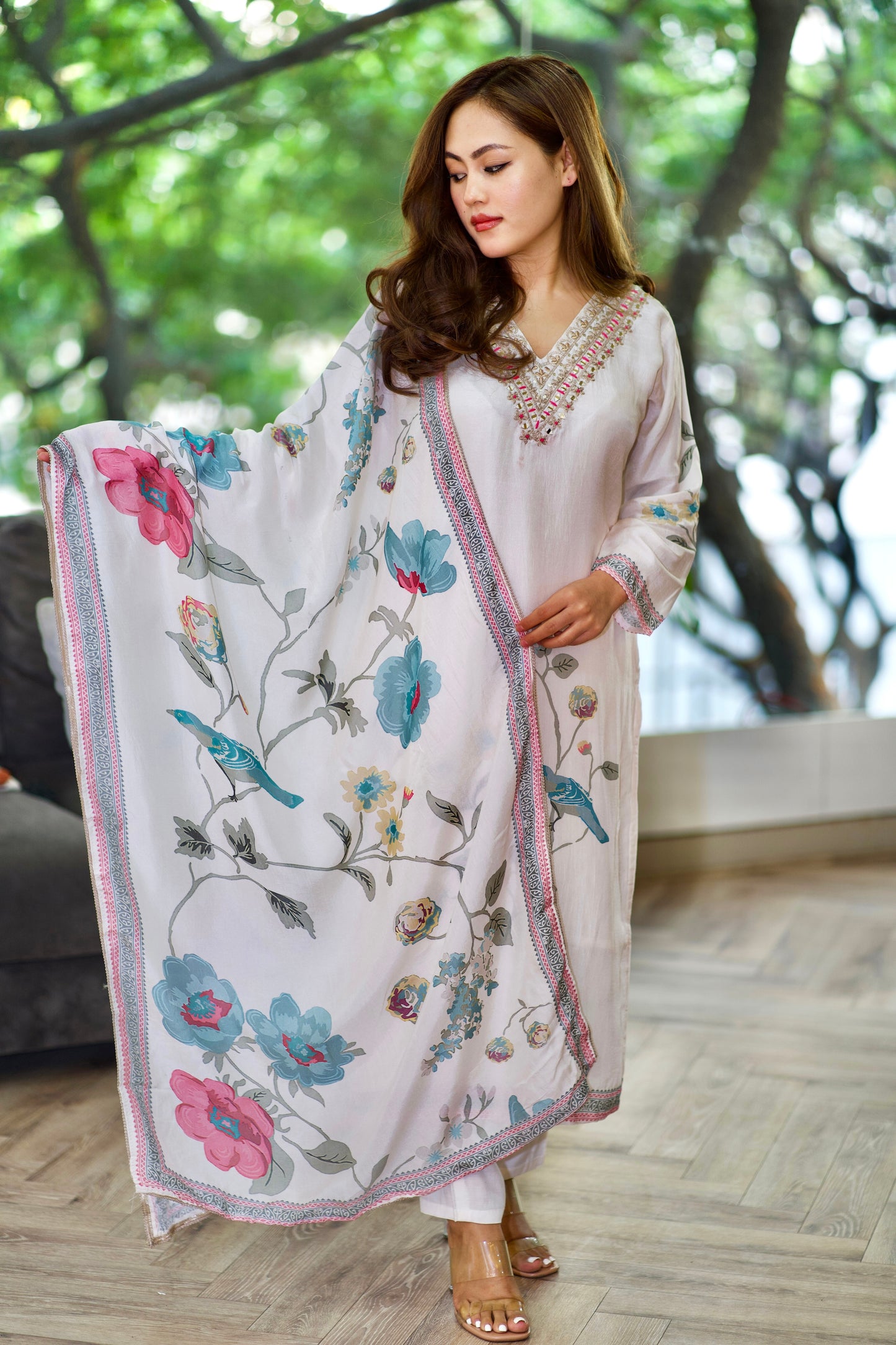 Lily light cream and pink floral print suit