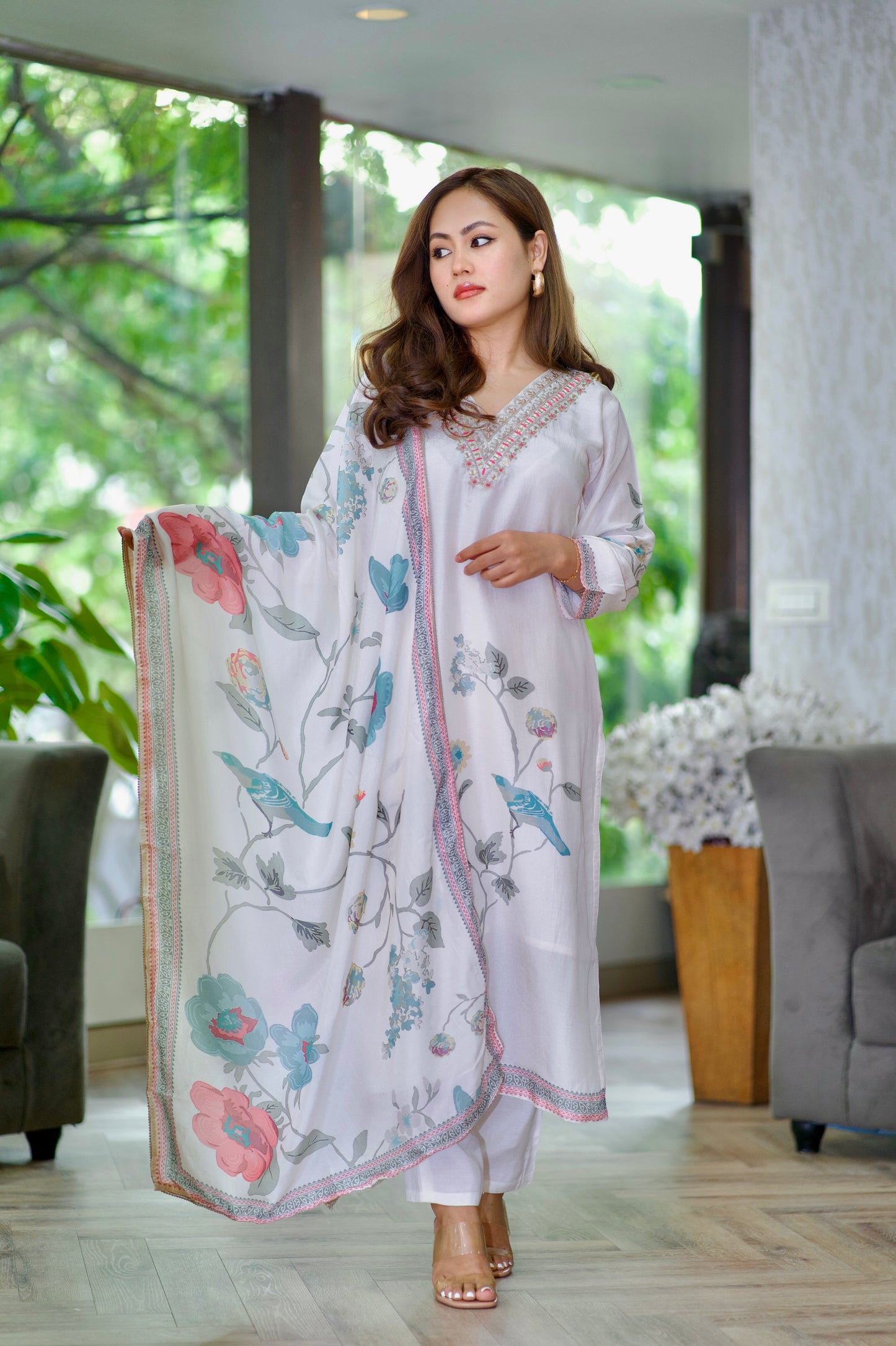 Lily light cream and pink floral print suit