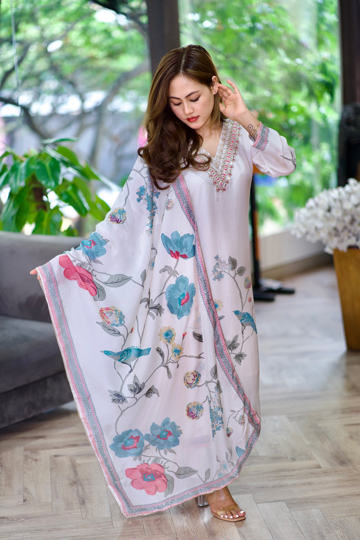 Lily light cream and pink floral print suit
