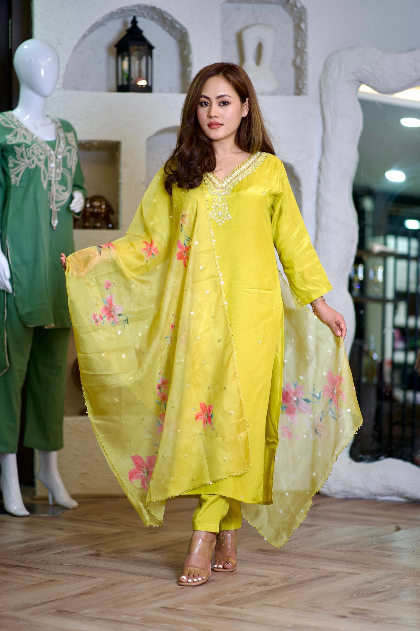 Lily pear yellow suit with mirror and pearl work