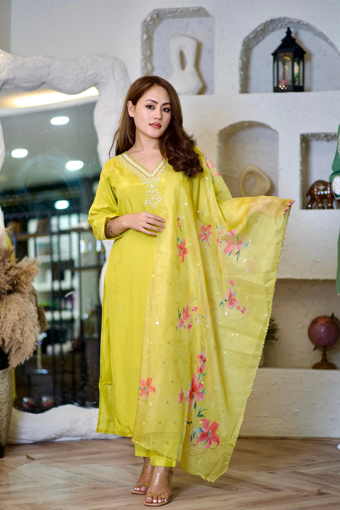 Lily pear yellow suit with mirror and pearl work