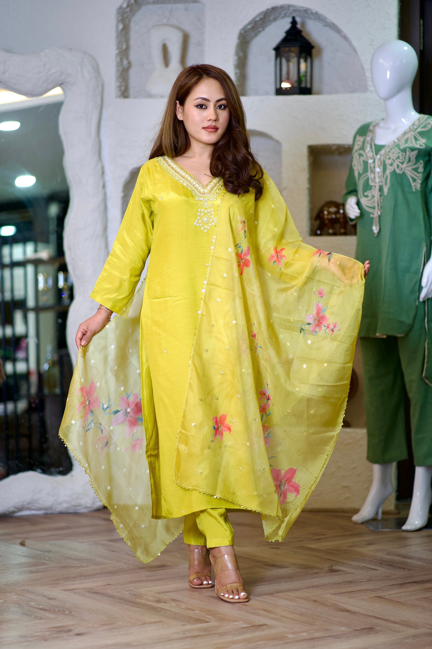 Lily pear yellow suit with mirror and pearl work