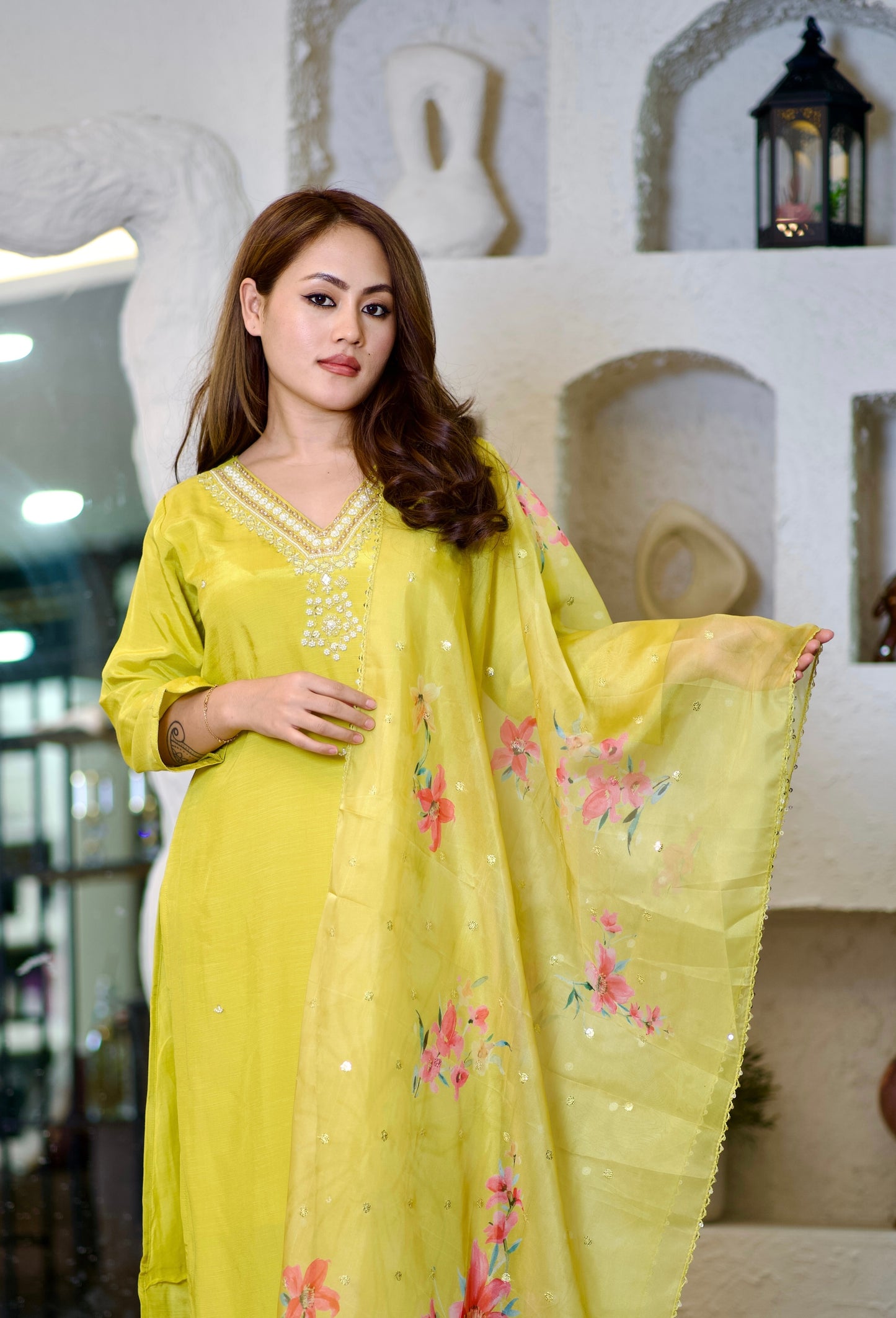 Lily pear yellow suit with mirror and pearl work