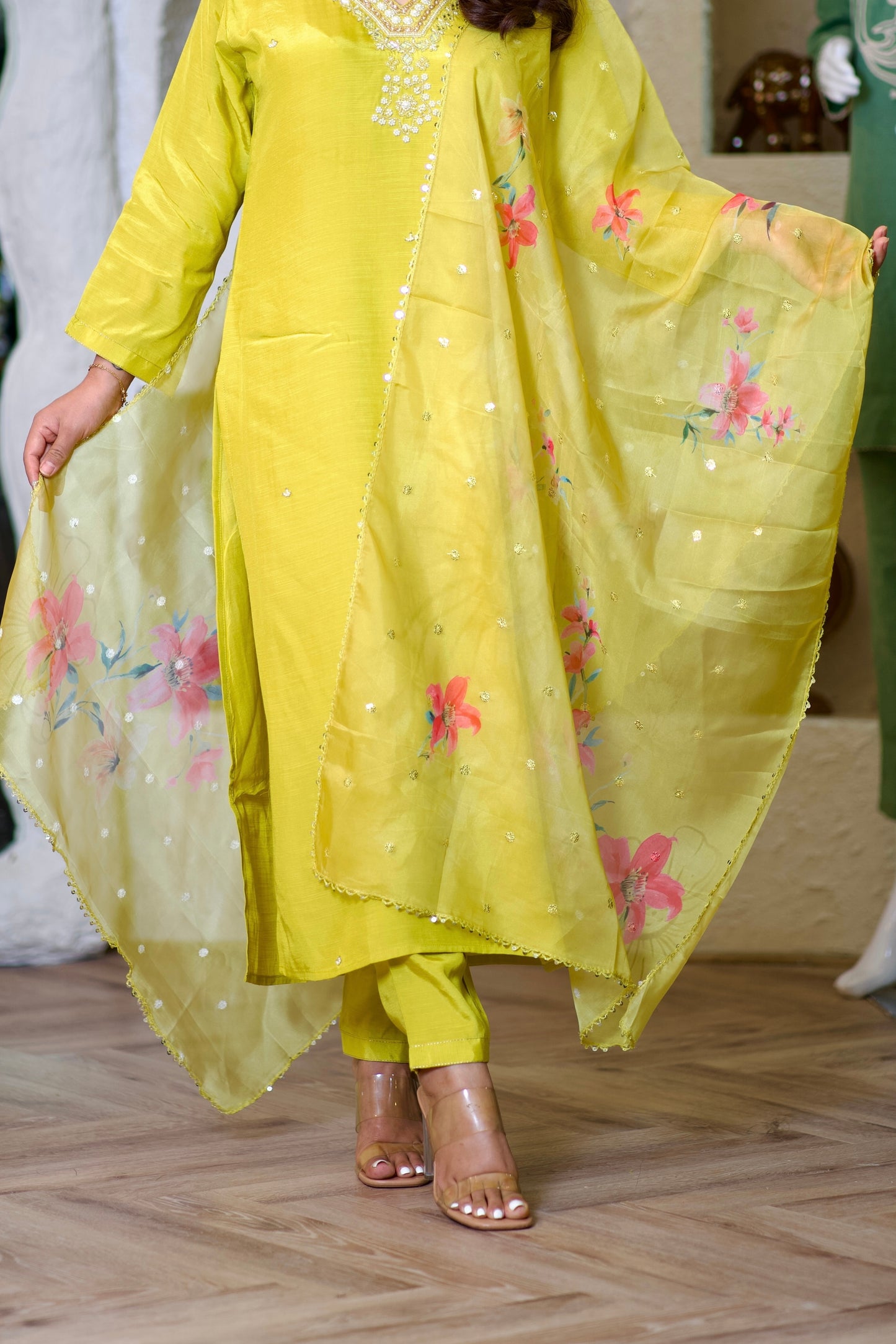 Lily pear yellow suit with mirror and pearl work