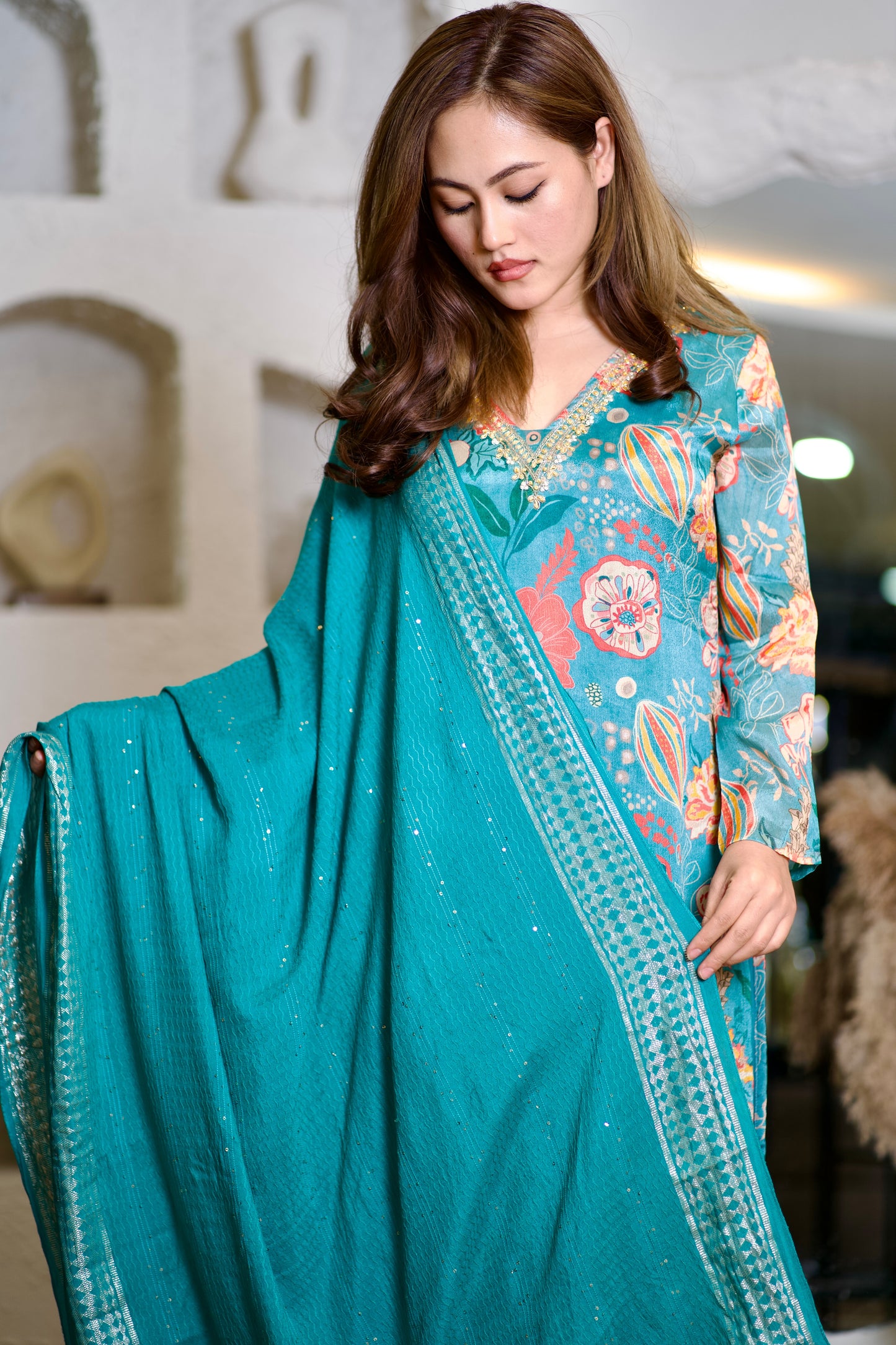 Lily Teal blue with gold and pearl embroidered suit