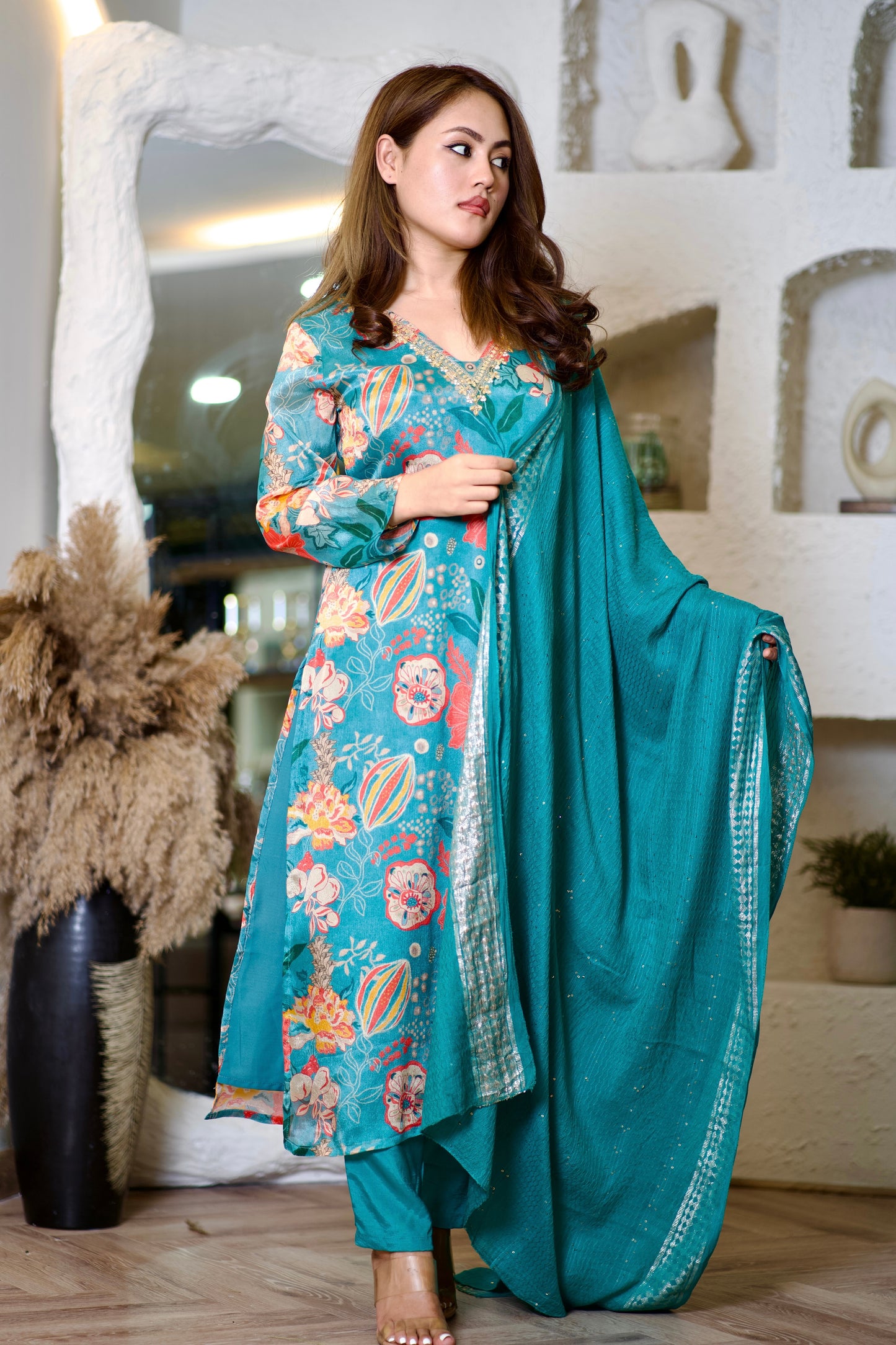Lily Teal blue with gold and pearl embroidered suit