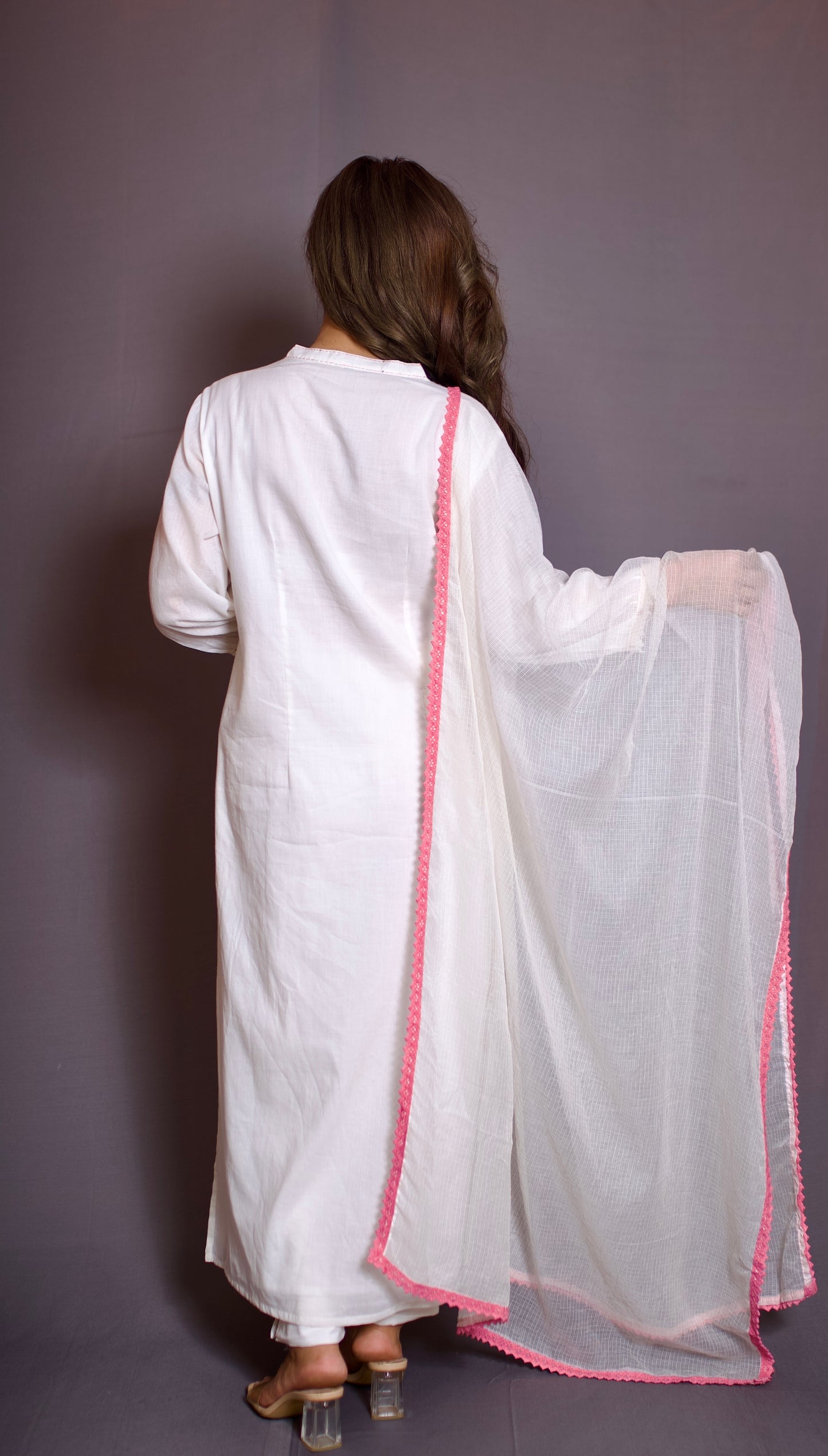 Lily white embroidered kurta with pink trim