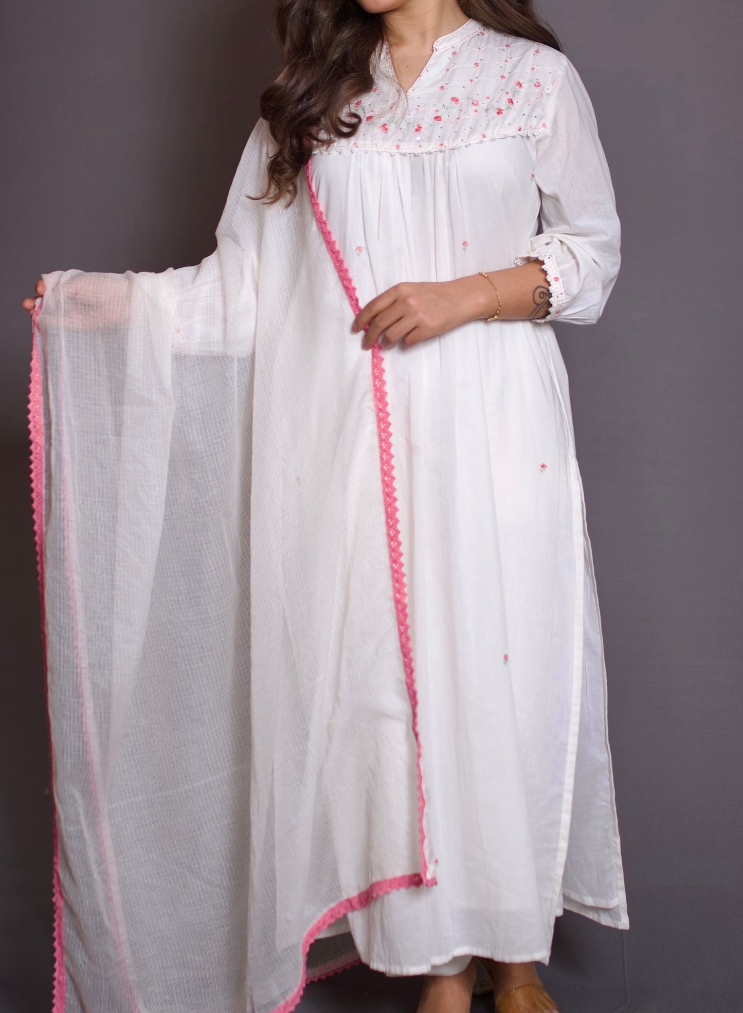 Lily white embroidered kurta with pink trim