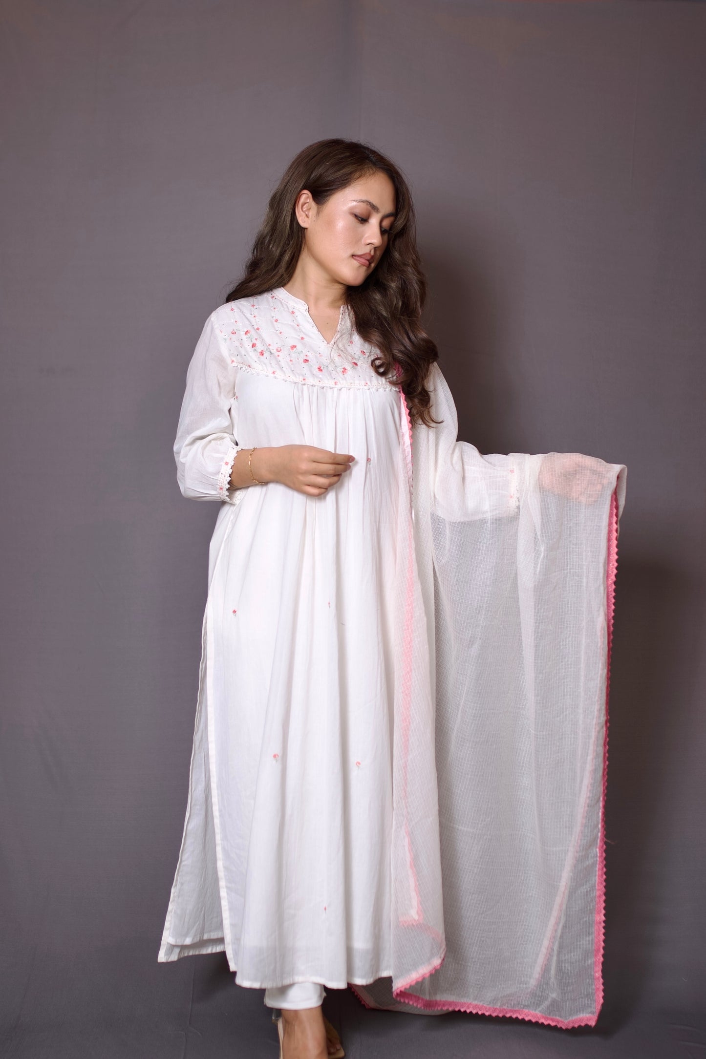 Lily white embroidered kurta with pink trim