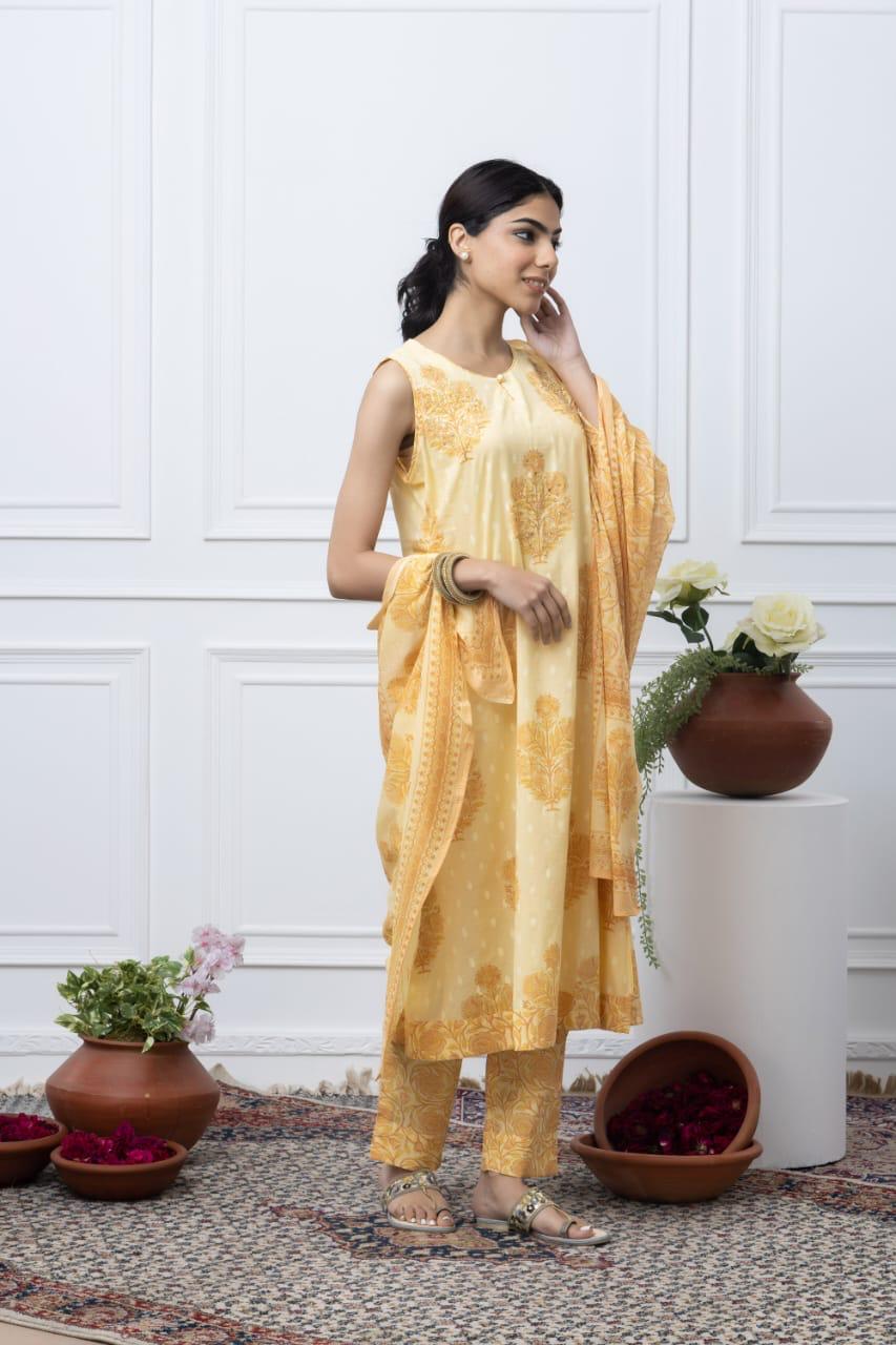 Lily yellow jaipuri suit with beads work