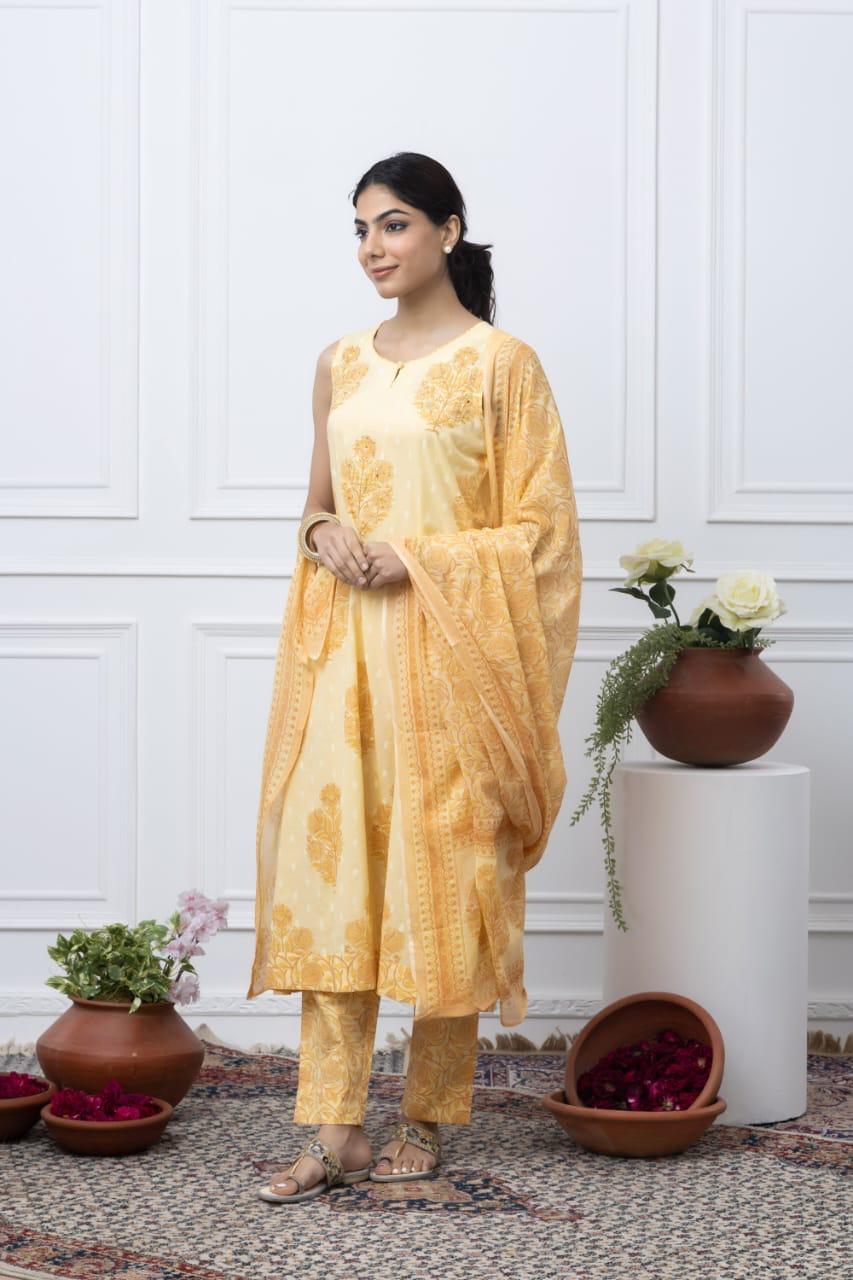 Lily yellow jaipuri suit with beads work
