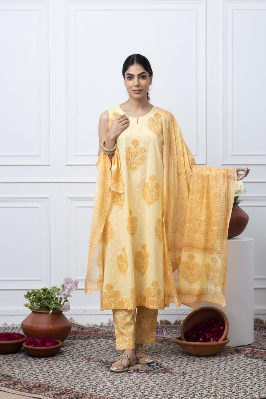 Lily yellow jaipuri suit with beads work