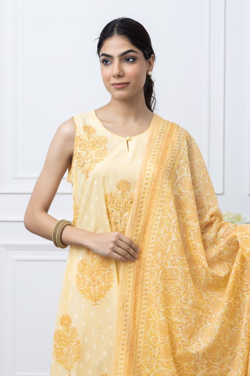 Lily yellow jaipuri suit with beads work