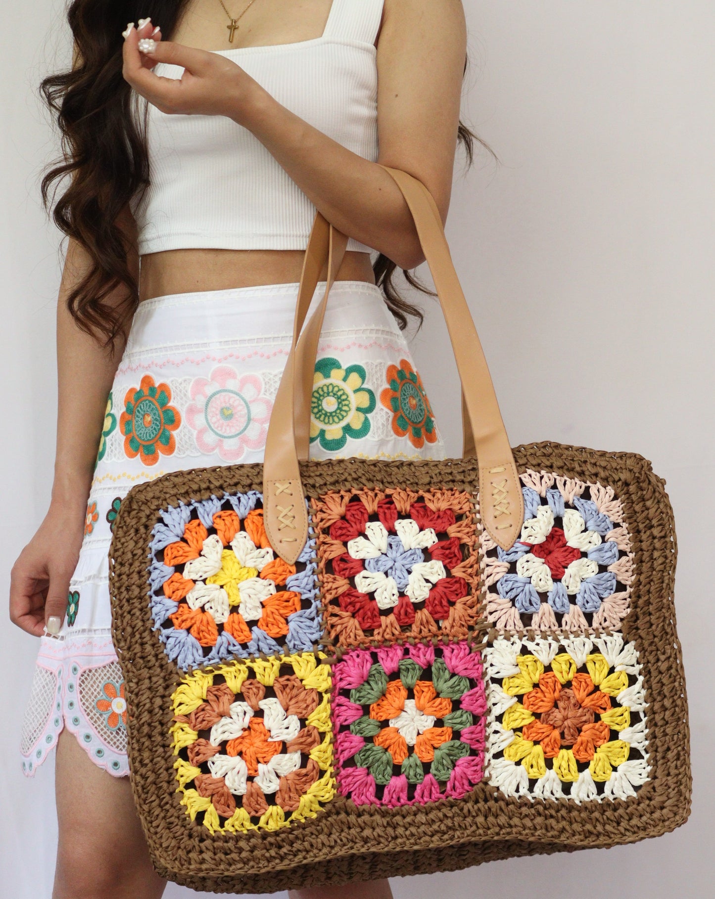 Lily brown Floral Crochet Carryall