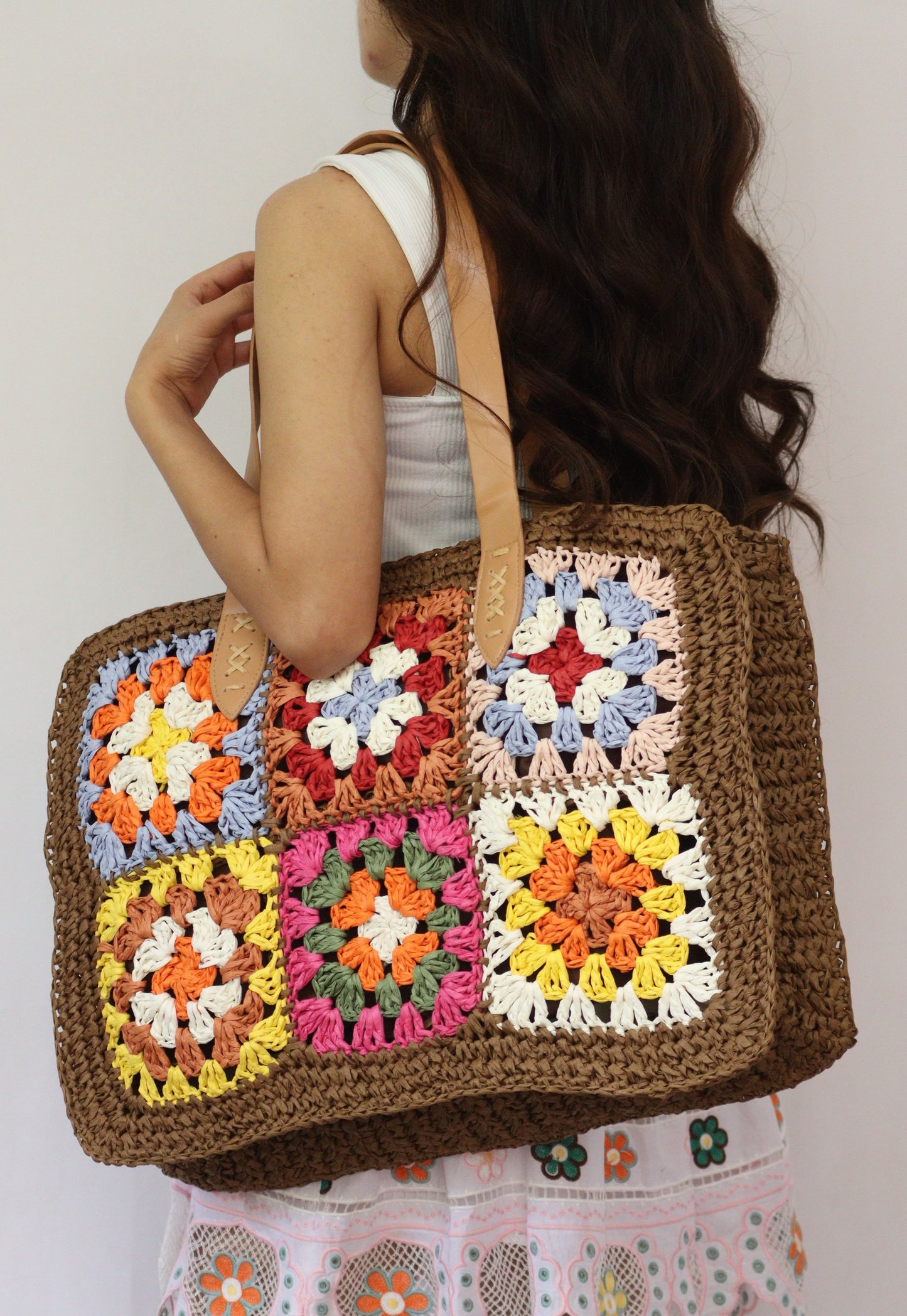 Lily brown Floral Crochet Carryall