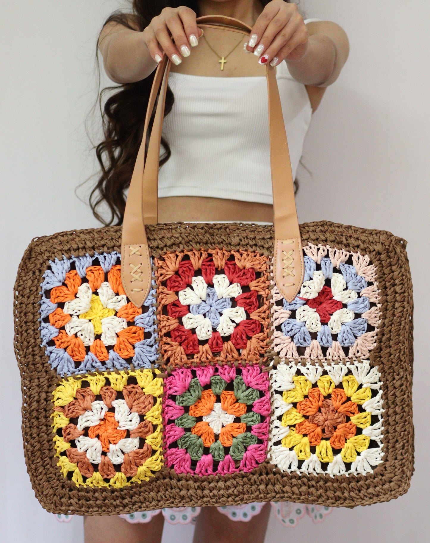 Lily brown Floral Crochet Carryall
