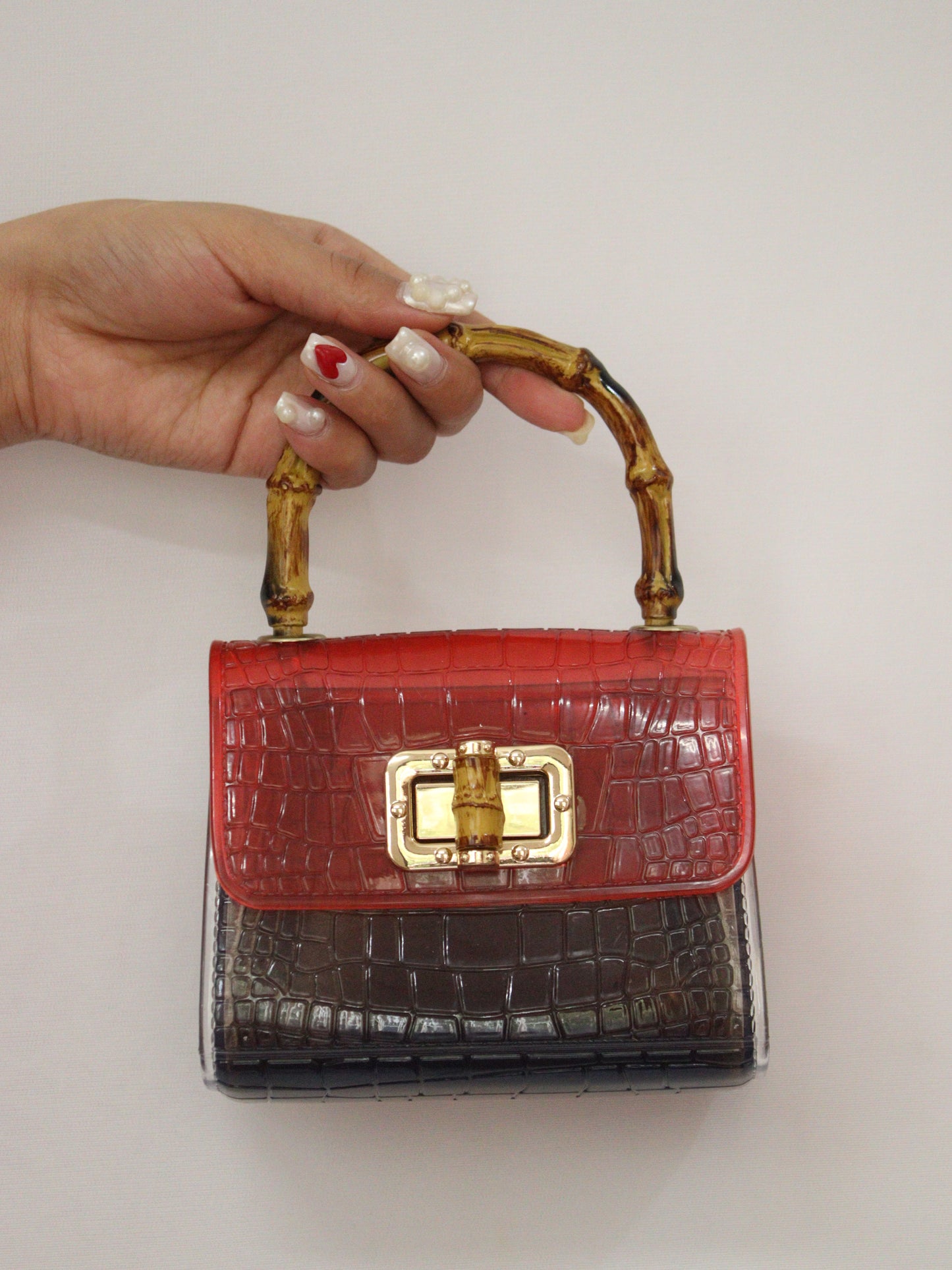Lily Mini red and black purse Croc Handbag with Bamboo Handle