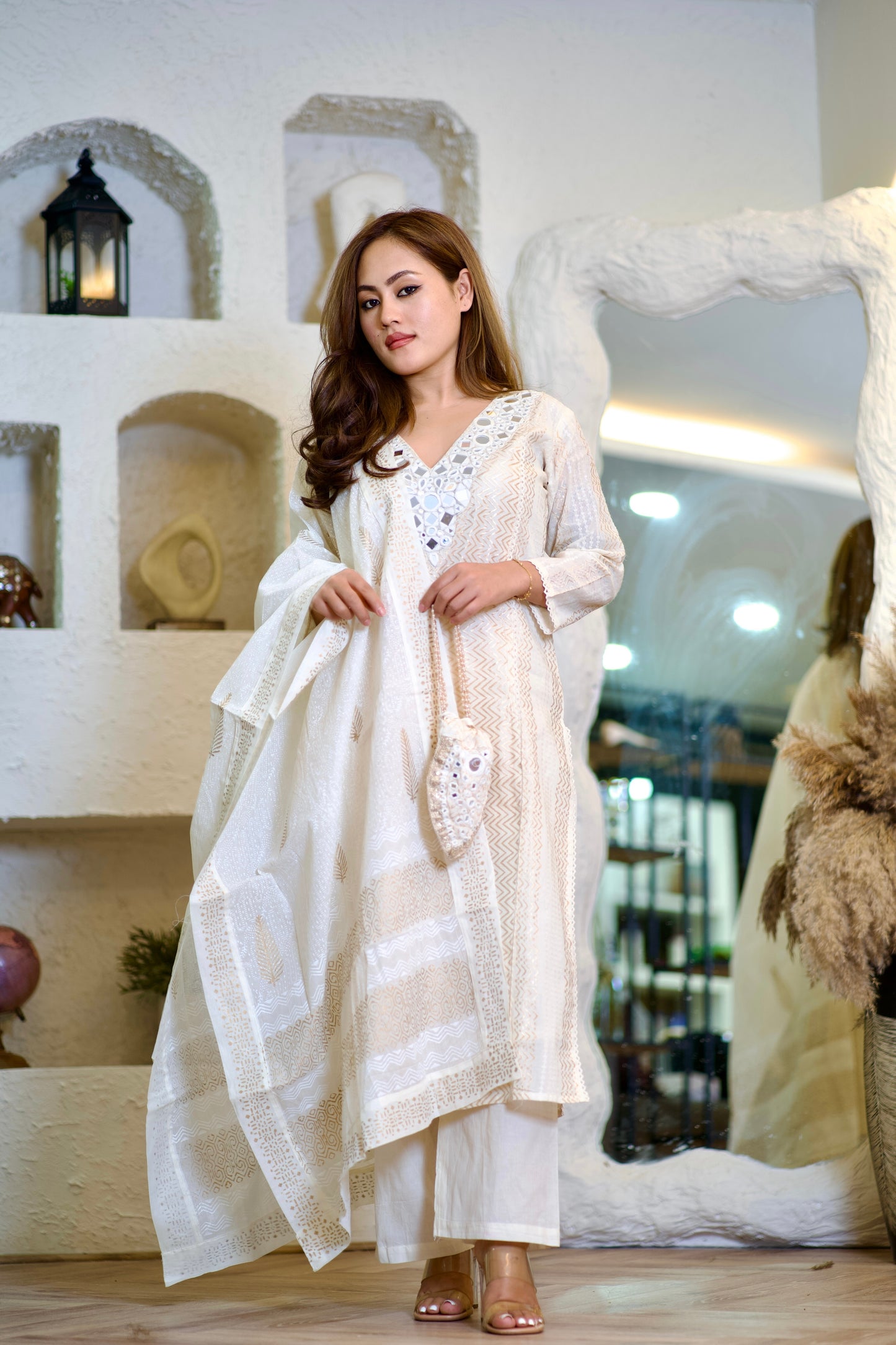 Lily cream and beige suit with mirror work