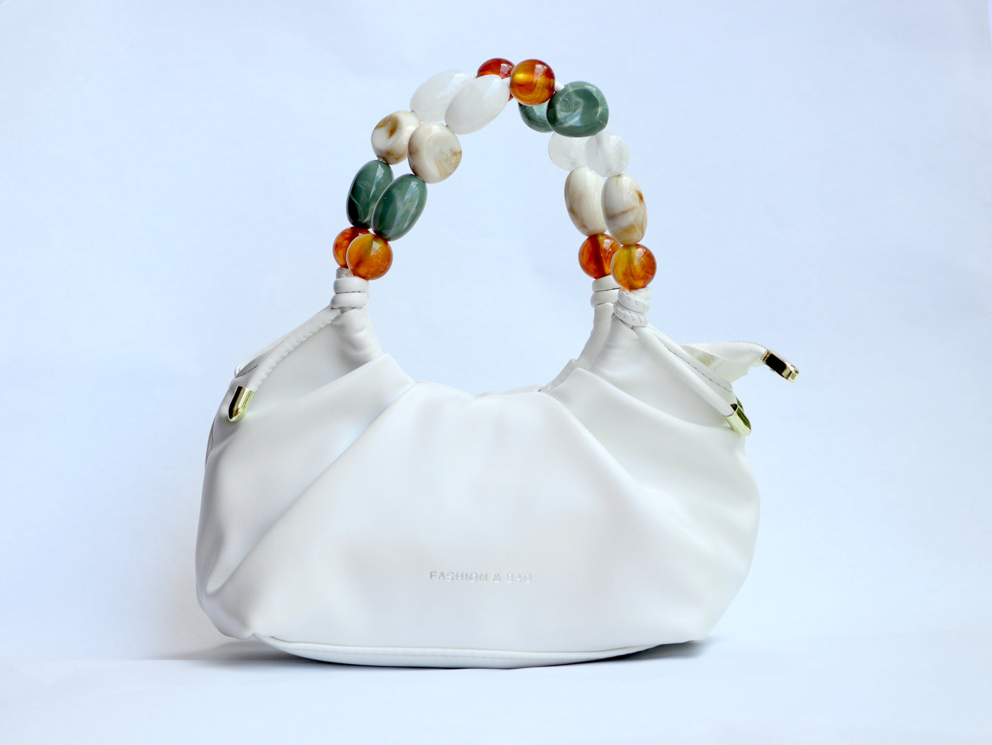 Lily White Color Beads Leather Handbag