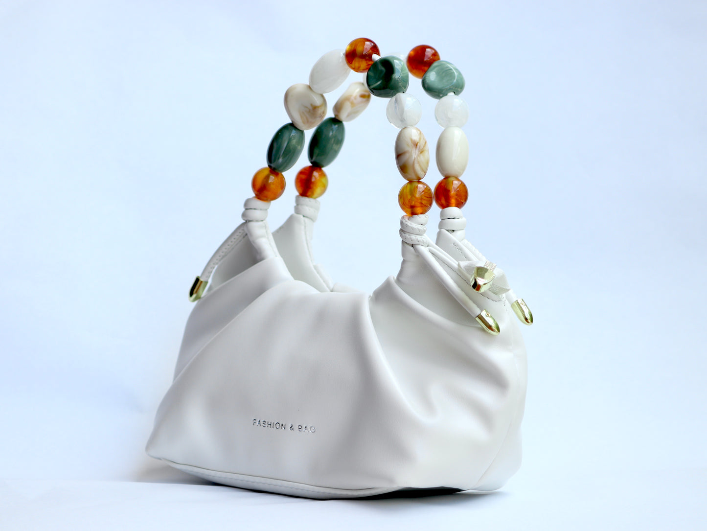 Lily White Color Beads Leather Handbag