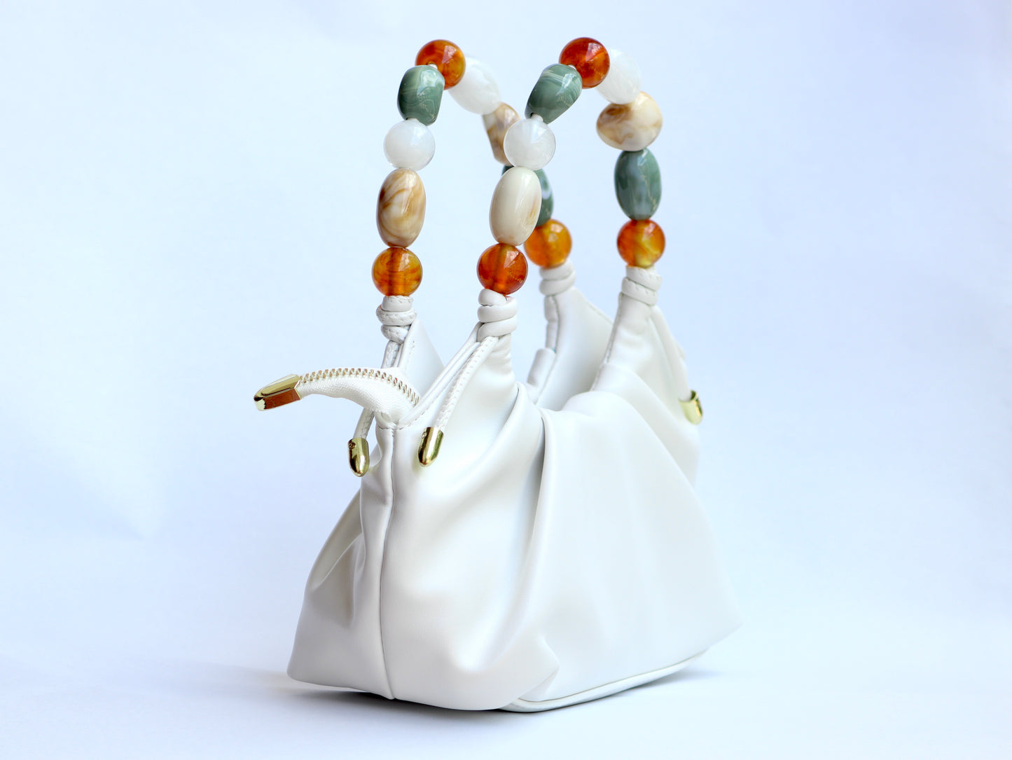 Lily White Color Beads Leather Handbag