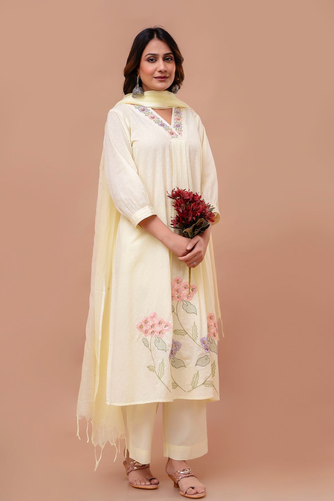 Lily yellow suit with hand embroidered