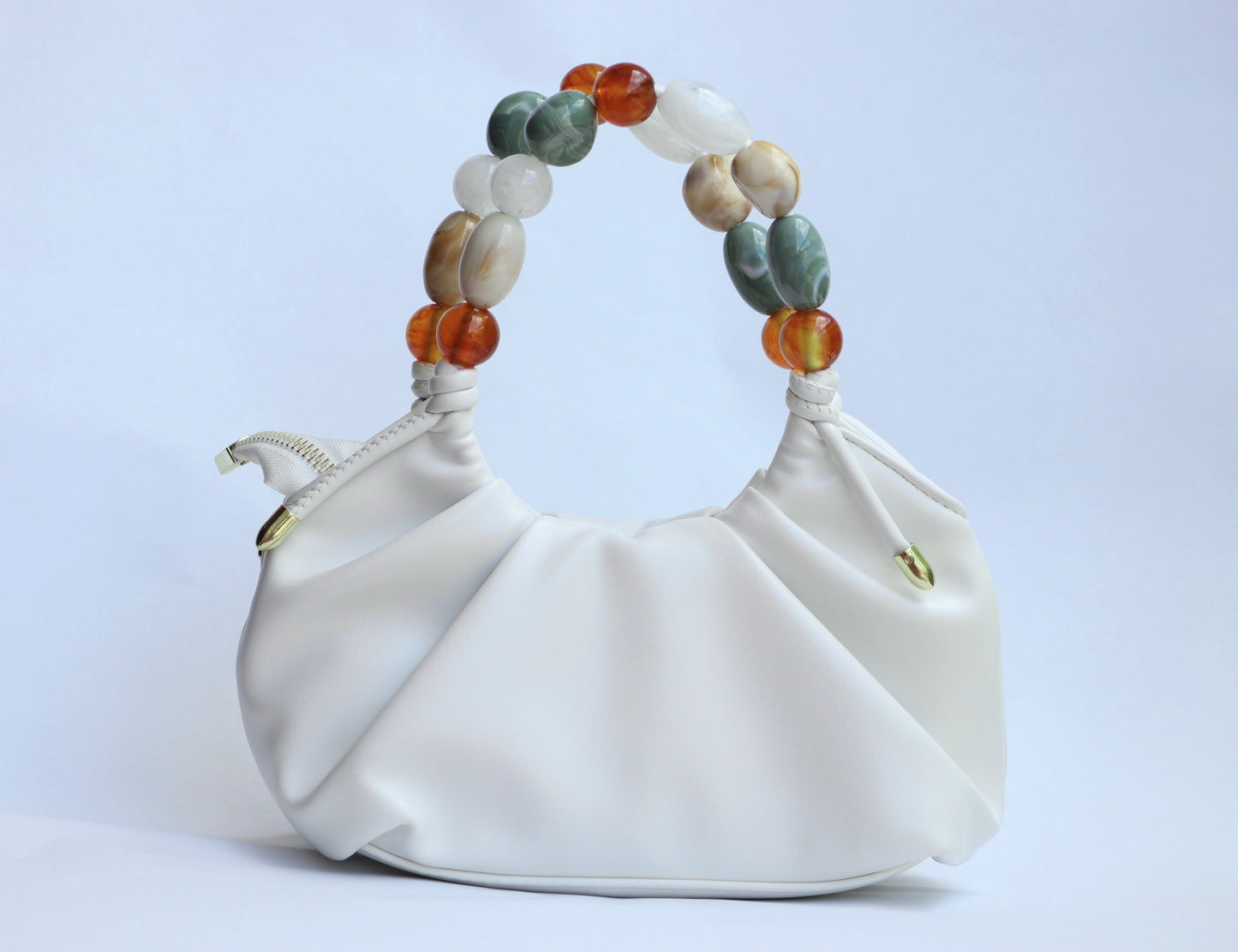 Lily White Color Beads Leather Handbag
