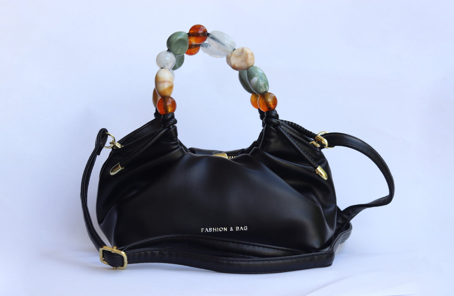 Lily Black Color Beads Leather Handbag