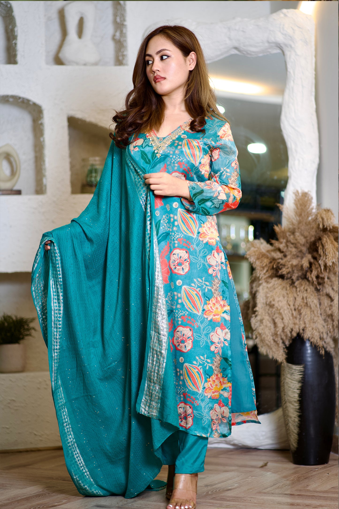 Lily Teal blue with gold and pearl embroidered suit