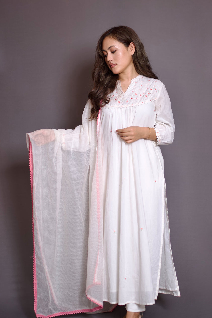 Lily white embroidered kurta with pink trim